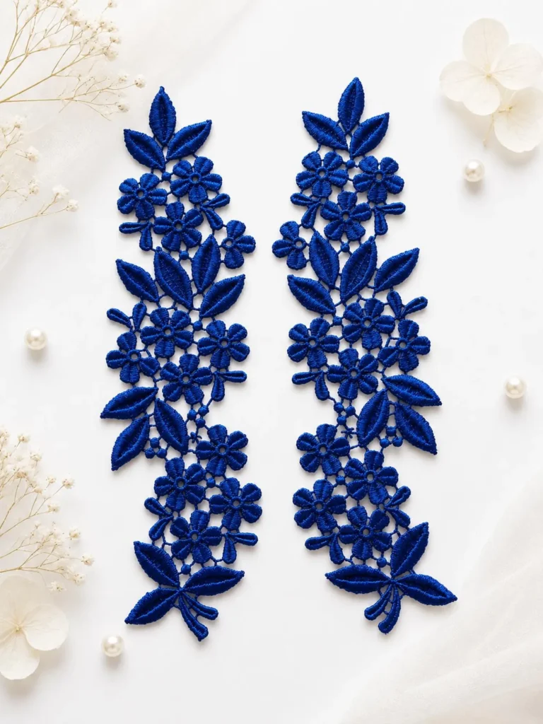 Royal Blue Floral Lace Appliques Pair | Wedding Dress Trim Motif | Laces Flower