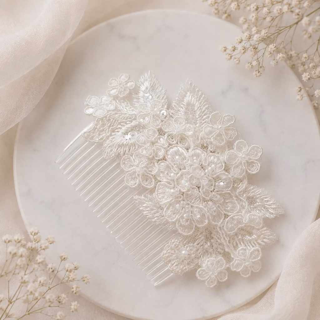 Ivory Floral Lace Bridal Hair Comb with Pearls, Handmade Wedding Headpiece , Bride Combs